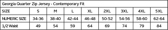 Georgia Quarter Zip Jersey — Size guide