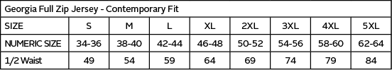 Georgia Full Zip Jersey — Size guide