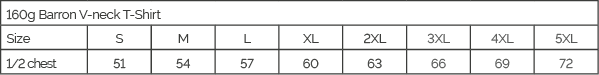 160g Barron V-Neck T-Shirt — Size guide